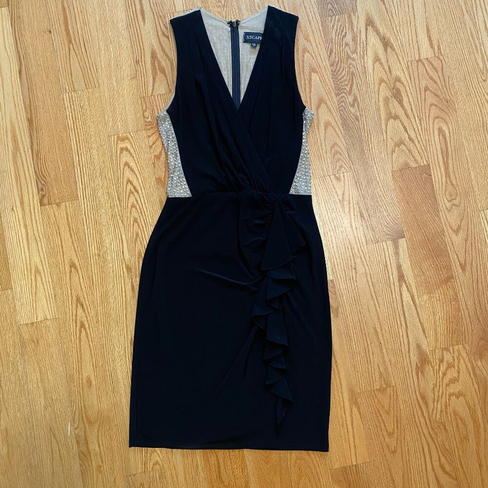 Beaded mesh back sleeveless formal dress above the knee ruffles v-neck